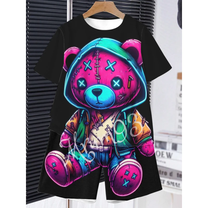 Mode d'été rue à manches courtes costume pour hommes confortable loisirs 2 pièces Anime tendance chaton imprimé t-shirt à manches courtes shorts