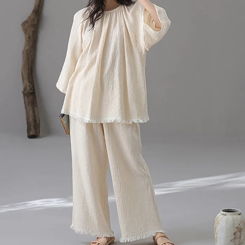 Double-layer Yarn Autumn Cotton Pajamas Two Piece Sets for Women Comfortable Lightweight Cotton Yarn Loose Home Suit