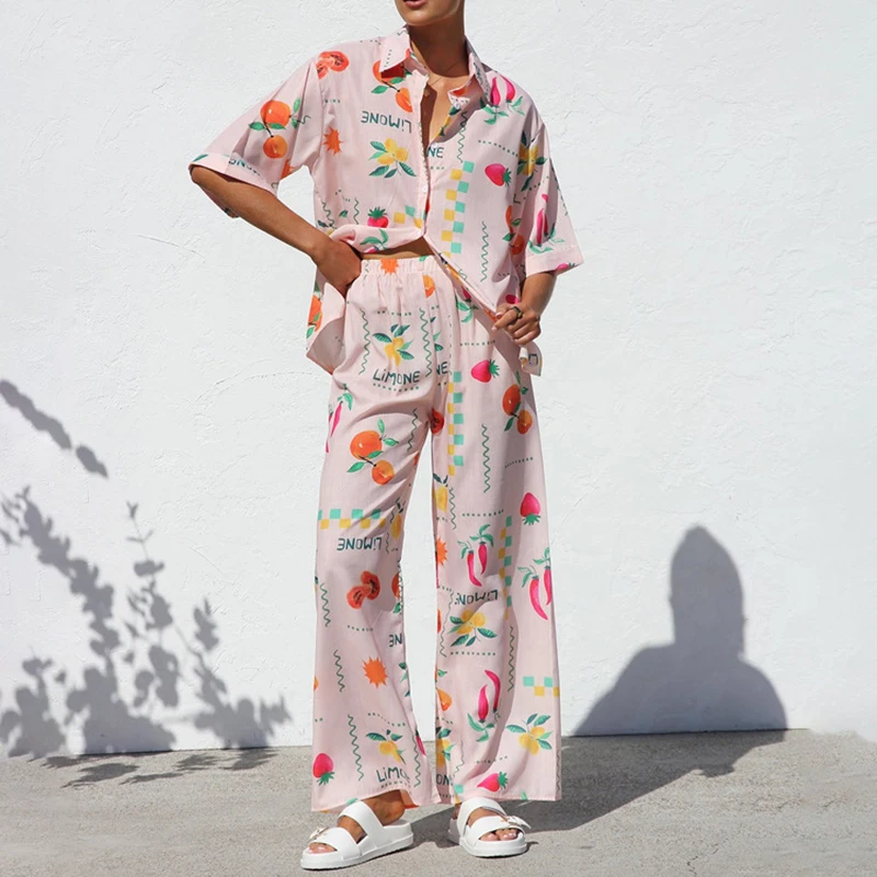 

Fashion Printing Shirt Pants Outfit Spring Women Lapel Single Breasted Blouse+High Waist Wide Leg Pants Autumn Two Piece Set