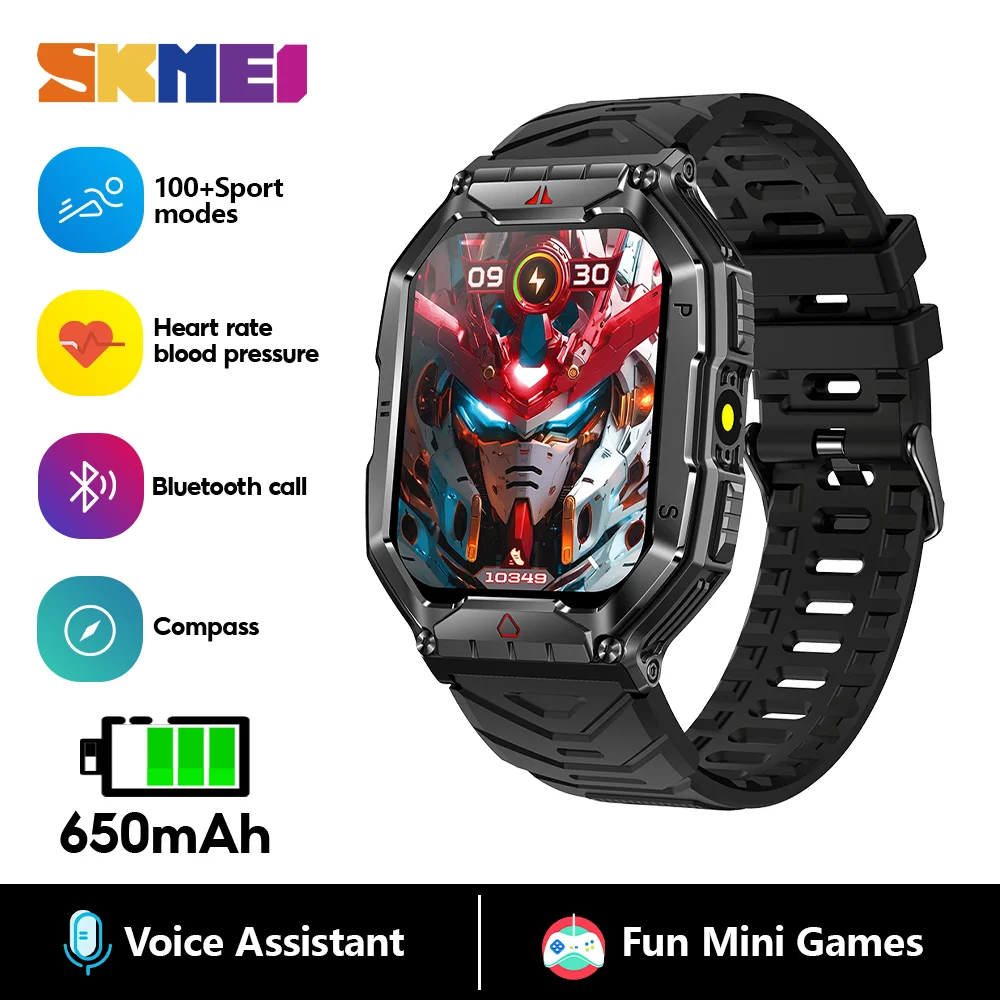 SKMEI-Montres intelligentes boussole de sports de plein air pour hommes et femmes, montres-bracelets d'appel Bluetooth étanches, assistant vocal, batterie 650mAh
