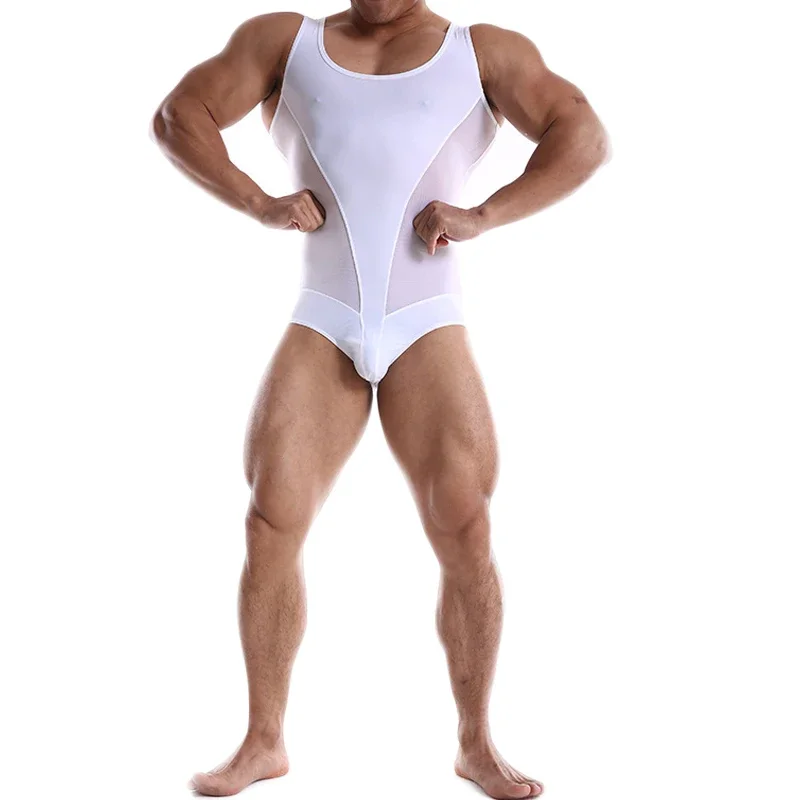 Men Undershirts Bodysuit Ice Corset High Elasticity One-piece Shapers Breathable Slim Mesh Splicing Fitness Leisure Jumpsuit