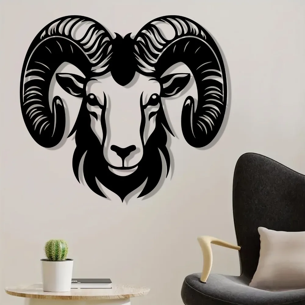 Ram Head Metal Wall Sculpture, Rust-Resistant Iron Horn Art for Home & Garden