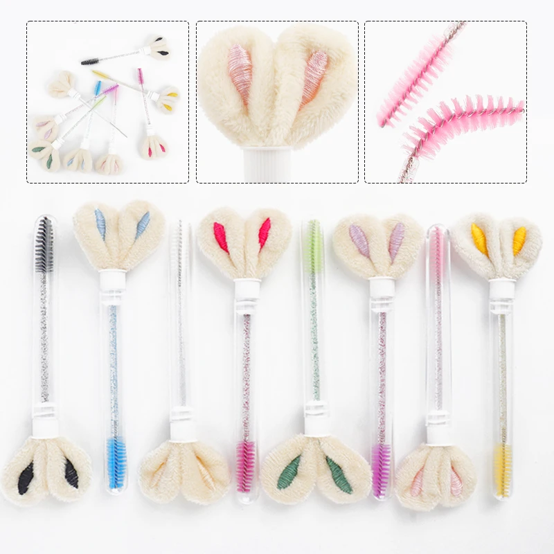 10Pcs Rabbit Ear Tube Disposable Lash Spoolie Brushes Glitter Crystal Handle Mascara Wands Portable Eyelash Brow Grooming Tools