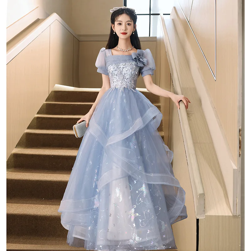 Mode blau Ballkleider quadratischen Kragen Applikationen Volant Organza Prinzessin Ballkleider Frauen formelle Party Abendkleid