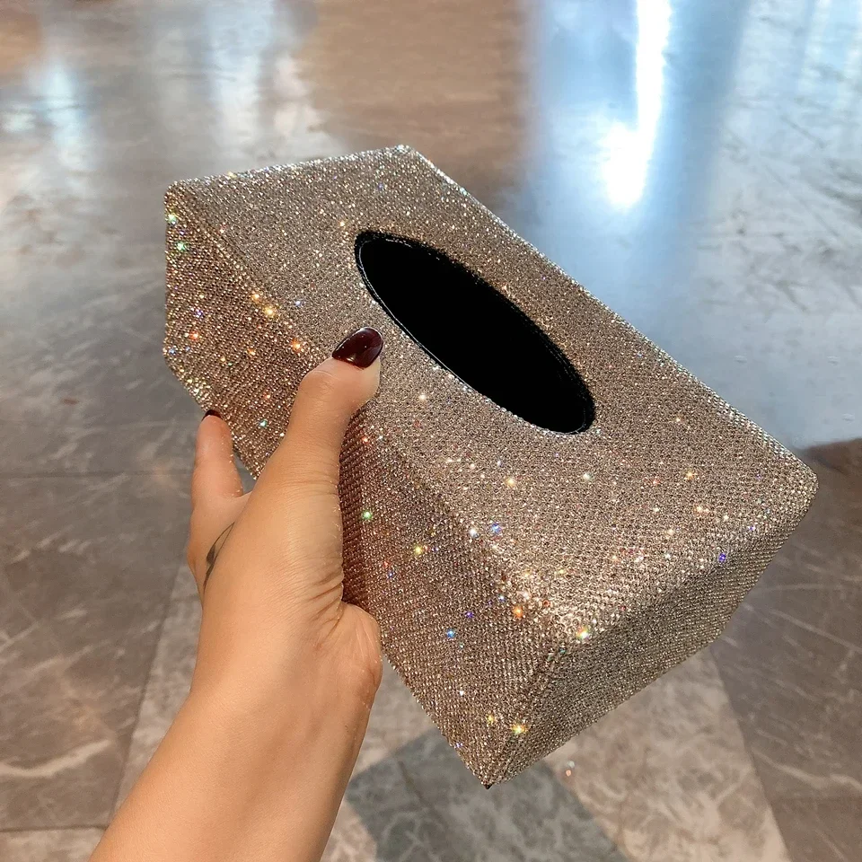 Sparkling Rhinestone Leather Tissue Box Desktop Napkin Toilet Holder Storage Case Car Paper Box Home Living Room Paper Dispenser