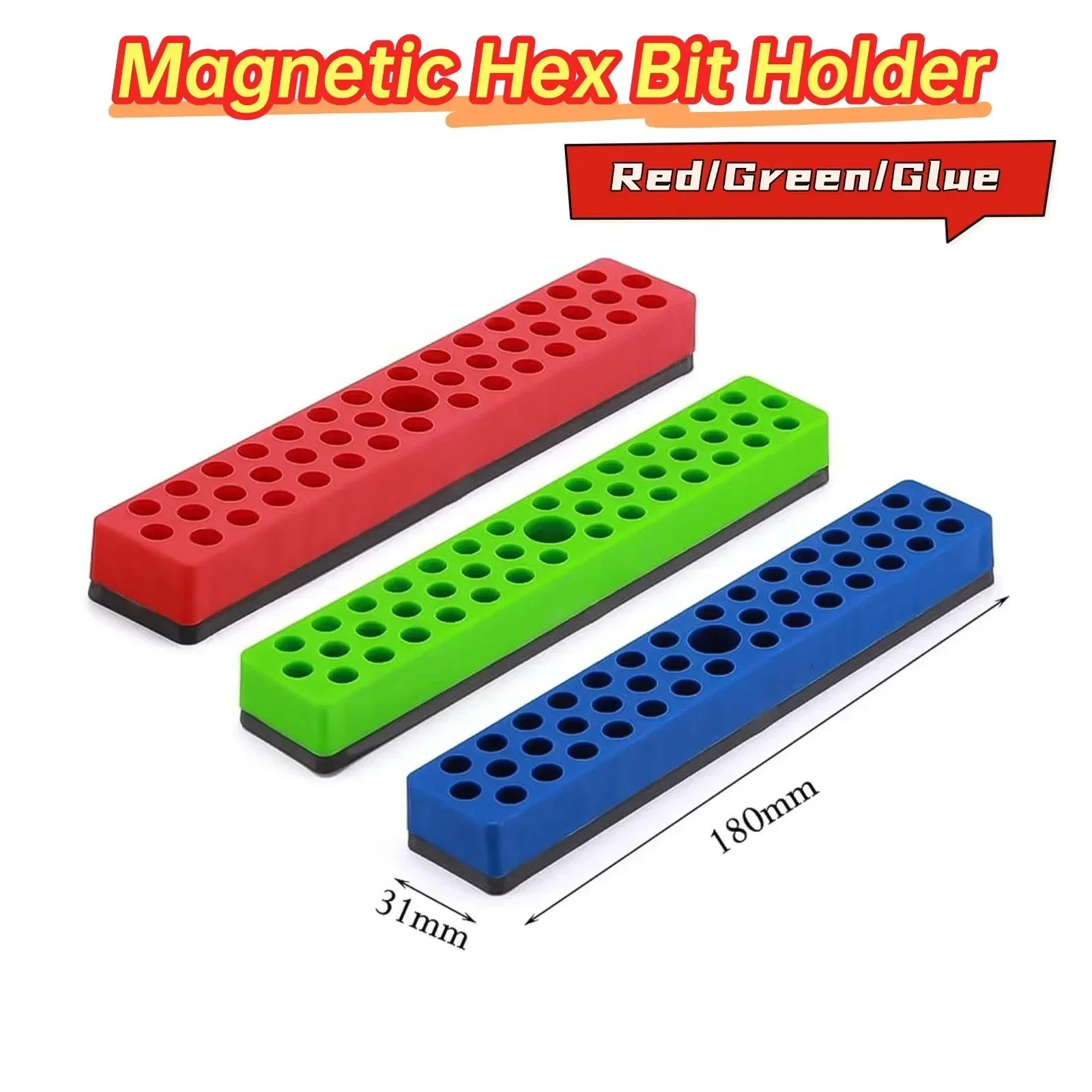 

1 шт. магнитный шестигранный держатель бит 180x20x31 мм красный/зеленый/клей 43 отверстия для хранения сверл органайзер для отверток 1/4 дюйма