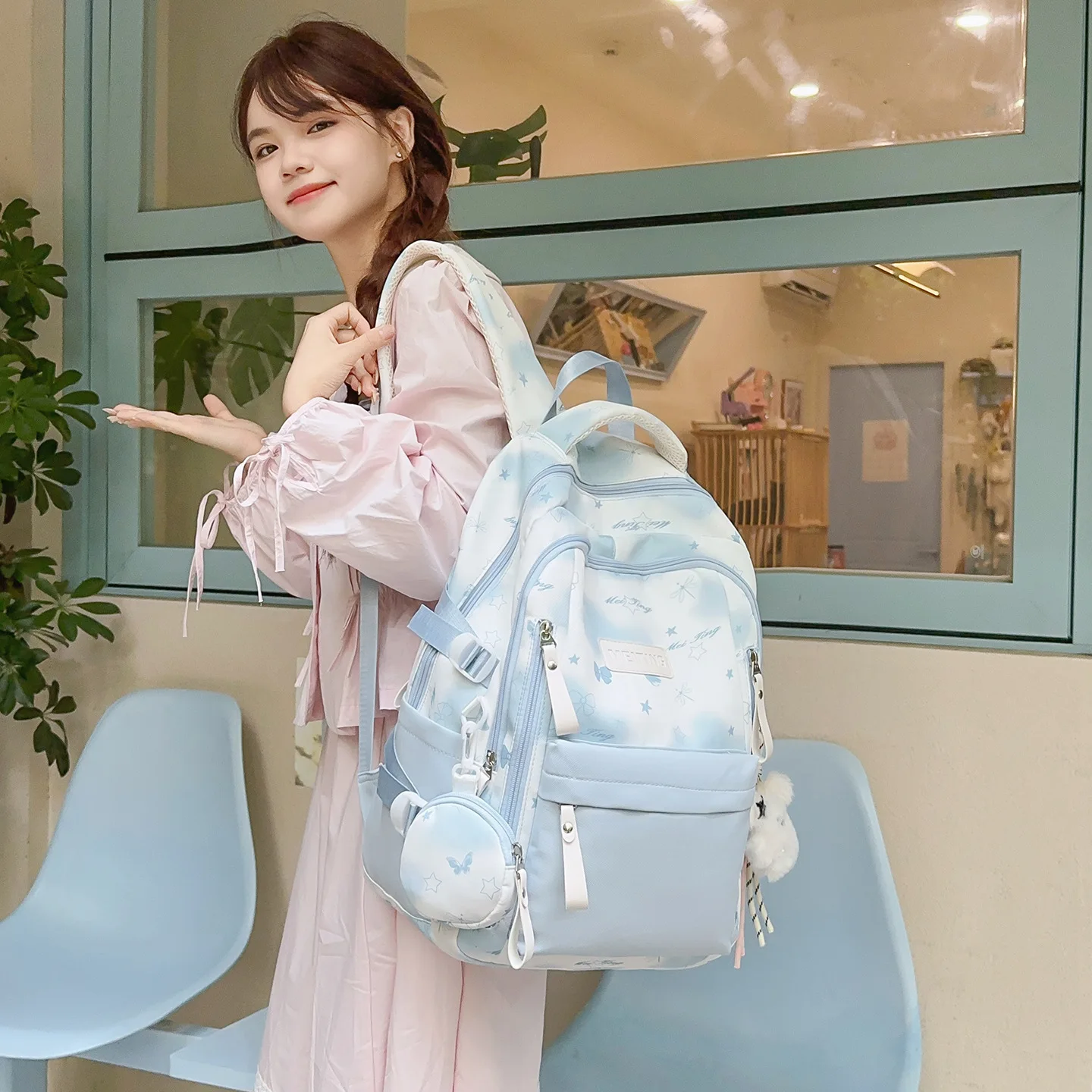 Butterfly Star Print Backpack with Mini Coin Pouch Large Capacity Casual School Bag for Teen Girls Travel