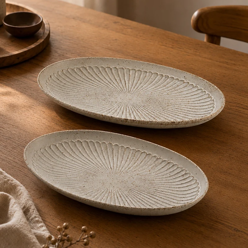 Creativity retro Dinner Plate Japanese daisy relief Beef Pasta Dinner Plates Restaurant Coarse pottery tableware