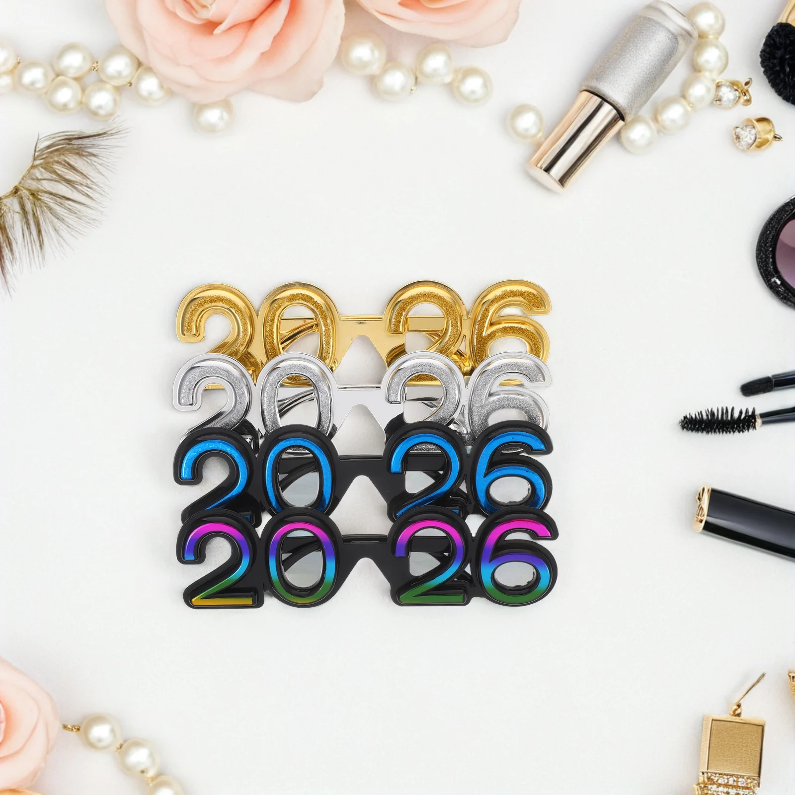 4 szt. Okulary imprezowe 2026 z brokatem, nowatorskie rekwizyty do fotobudki na Sylwestra, akcesoria uroczystościowe na festiwale 2026