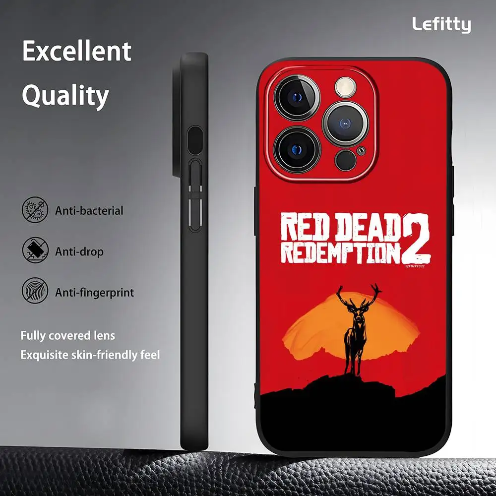 حافظة هاتف رائعة R-RDR2 لهاتف آيفون 16 15 14 13 برو ماكس بلس ميني أسود بلوري ناعم شل فوندا