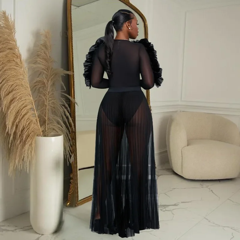 KEXU-Robe Longue Transparente en Maille pour Femme, Tenue de Soirée à Volants, Manches sulf, Col en V, 2024