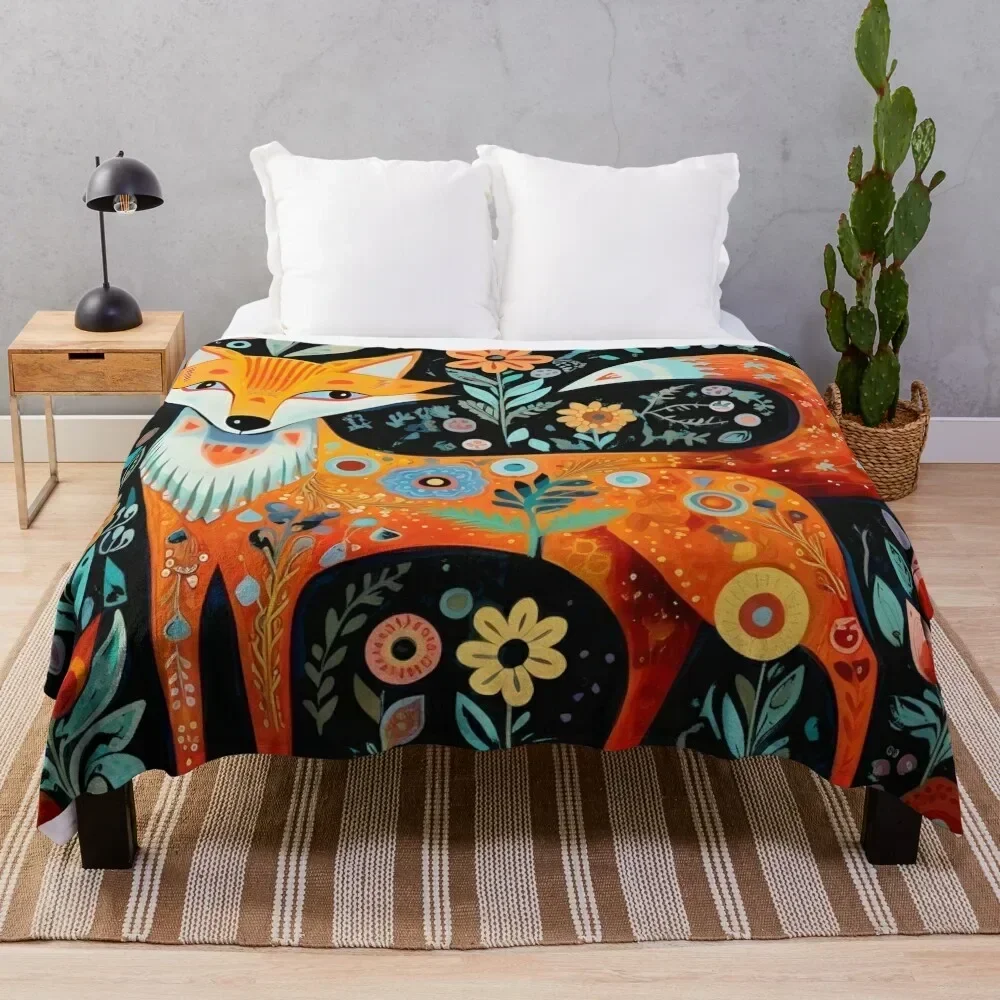 

Folk Art Fox Floral Throw Blanket Spring Fall Cozy Throw Blanket for Couch