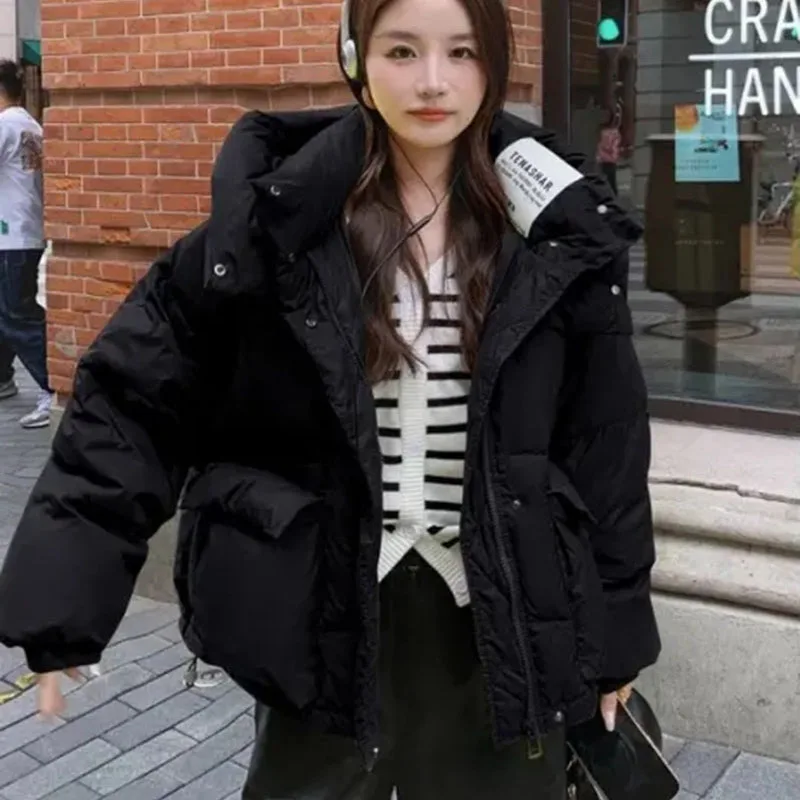 Green Down Jacket Women Fashion Casual Big Pockets Winter Cotton Coat Hooded Streetwear Thicken Warm Lady Outerwear