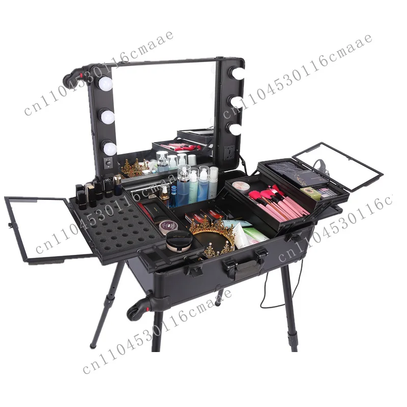 New 24-inch LED Cosmetic Case with Lamp, Professional Tie Rod Removable Universal Wheel Tie Rod Cosmetic Case with Bracket