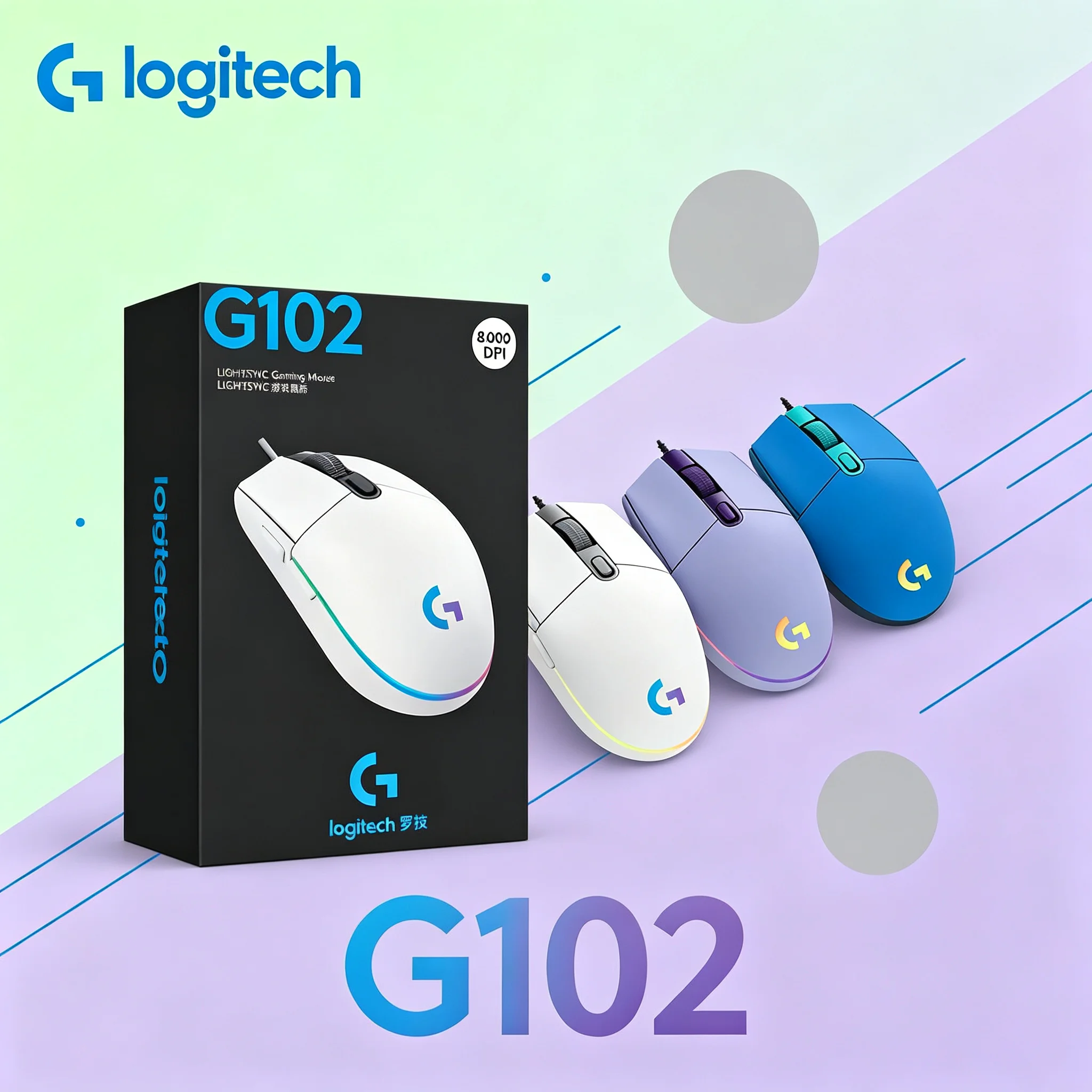 Responsive Logitech G102 Wired Gaming Mouse 1000Hz Polling Rate RGB Backlit 8000 DPI Sensor Mice For E‑sports