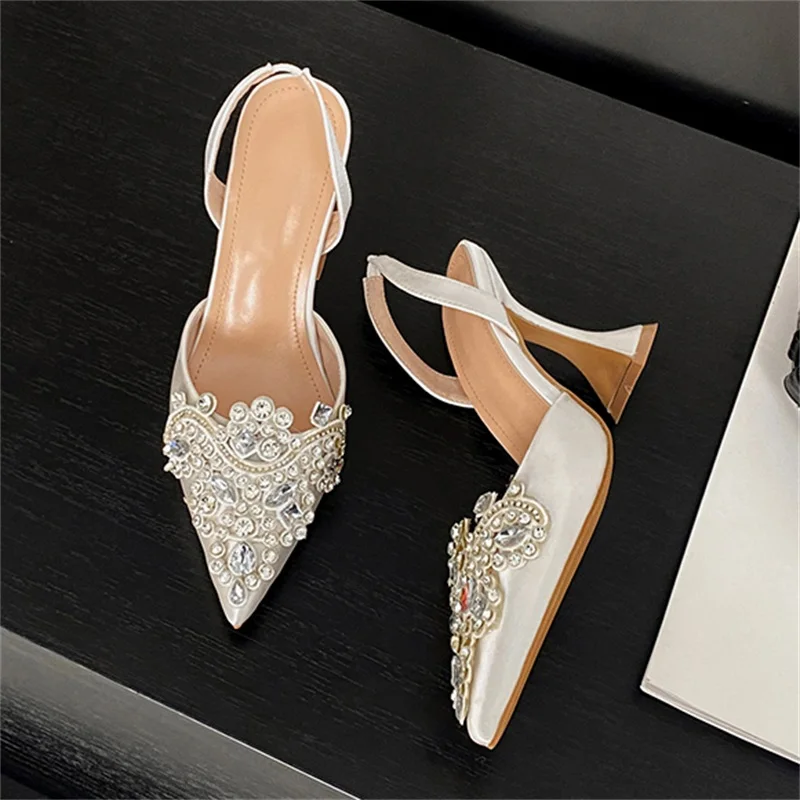 Eilyken Spring Crystal Diamond Slingback Women Pumps Fashion Pointed Toe High Heels Shoes Elegant Wedding Party Zapatos De Mujer