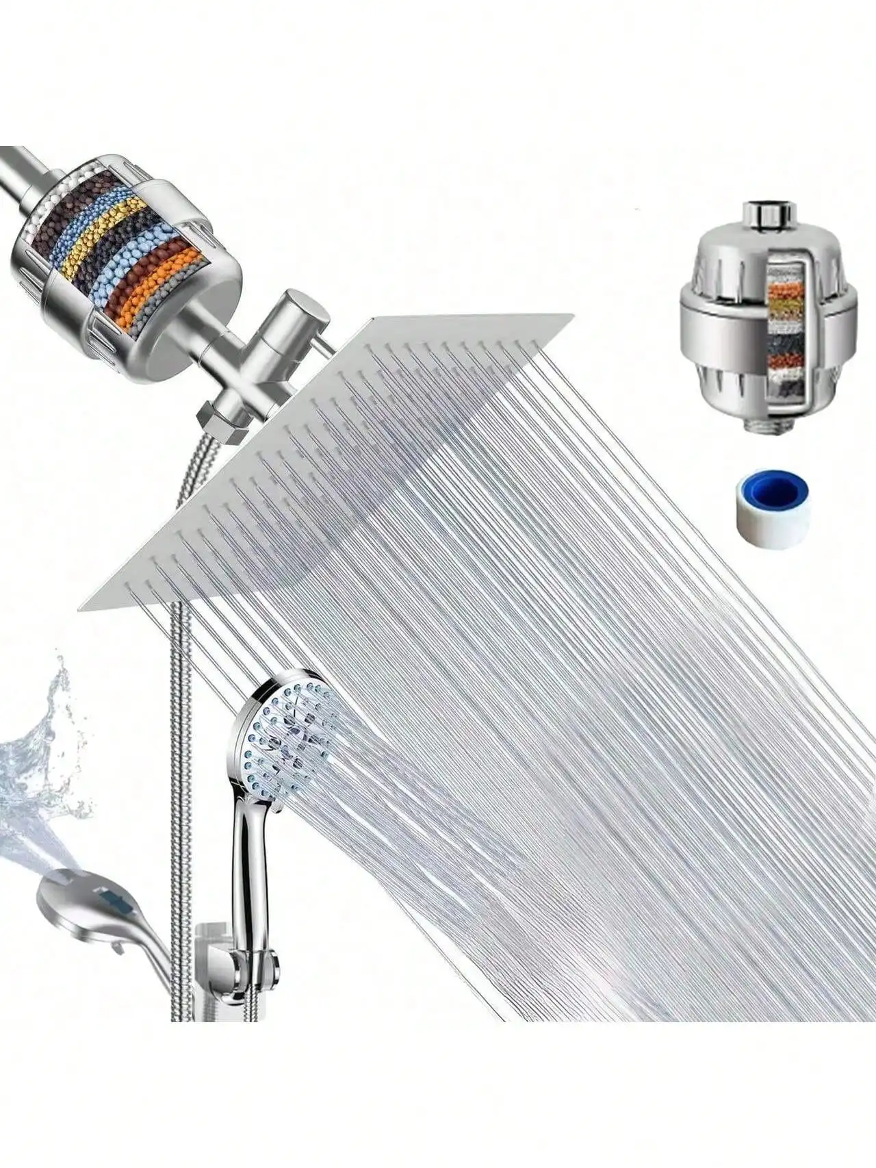 

Filtered Shower Head High Pressure, 8″Square Rainfall Showerhead Filters For Hard Water, Dual Shower Head With 59″Hose,