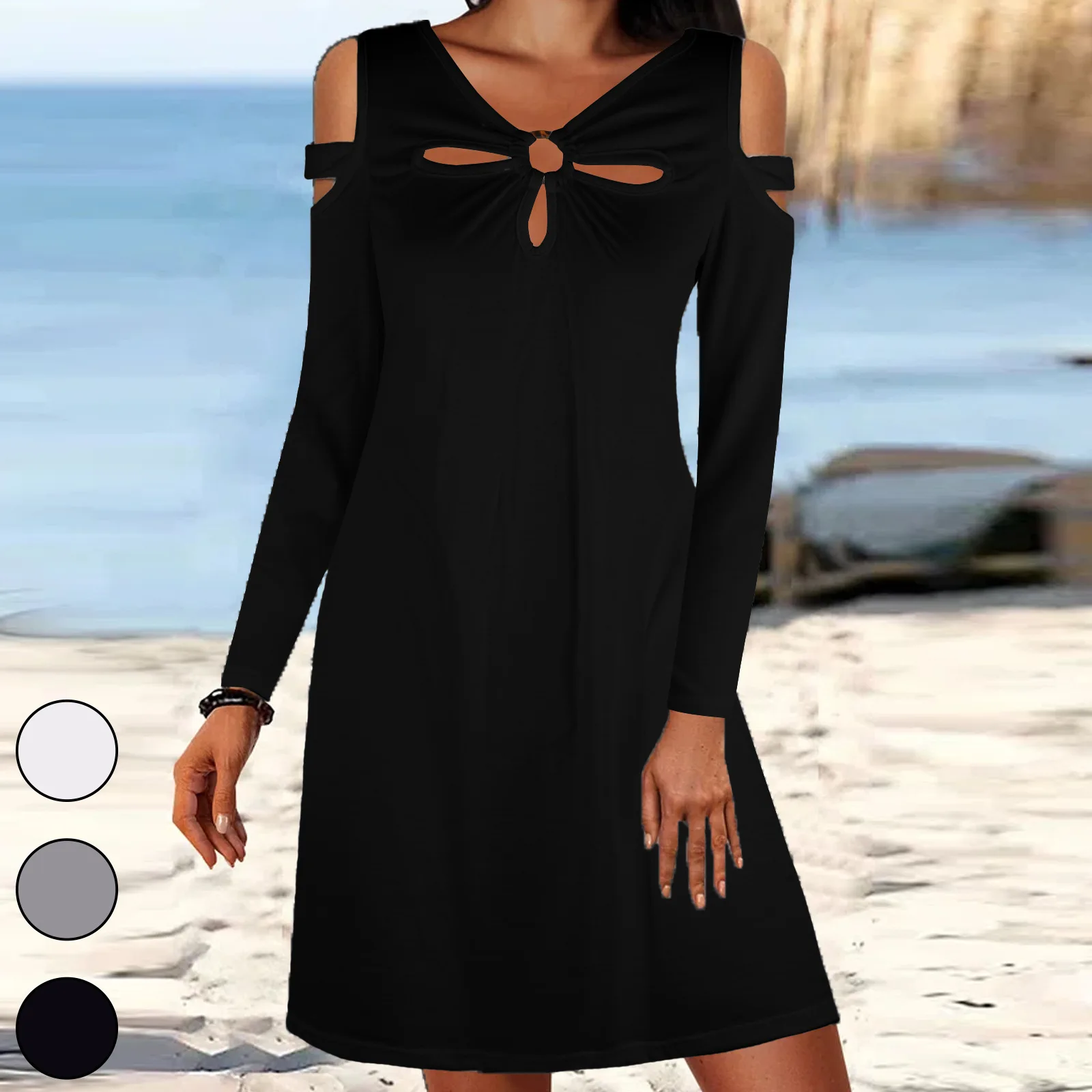 2023 Spring and Autumn New Women's Solid Color Casual V-neck Dress Fashion Commuter Party Hollow Out Sexy Elegant Party Dresses