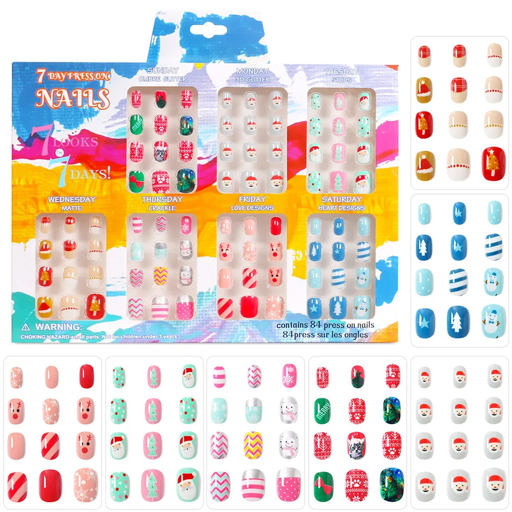 84pcs Kids Press On Nails Christmas False Fake Nails Full Cover Stick On Nails Children Nail Stickers False Nail Decor