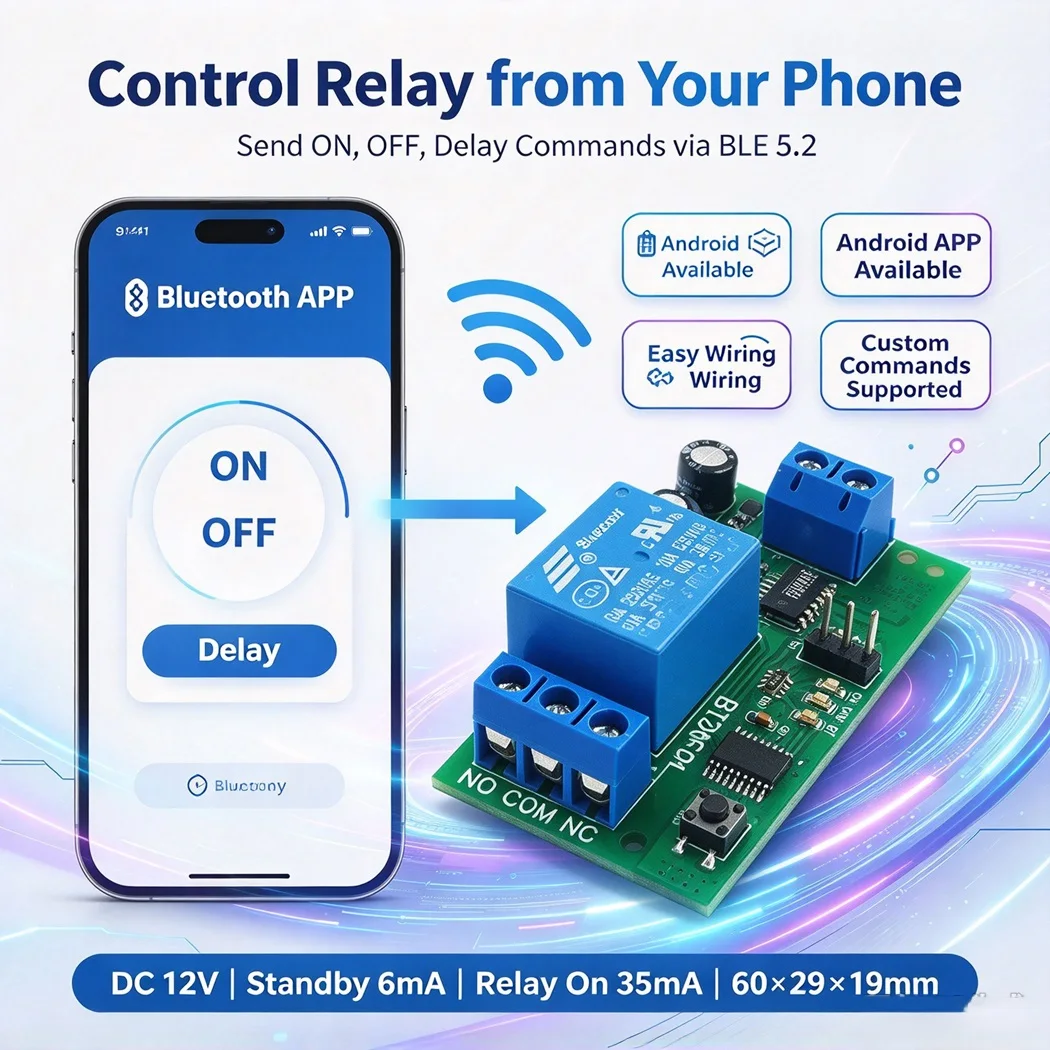 BLE5.2 Bluetooth Relay Module DC12V 10A Load Smart Switch Board APP Button Control ON OFF Delay Command For Home Automation