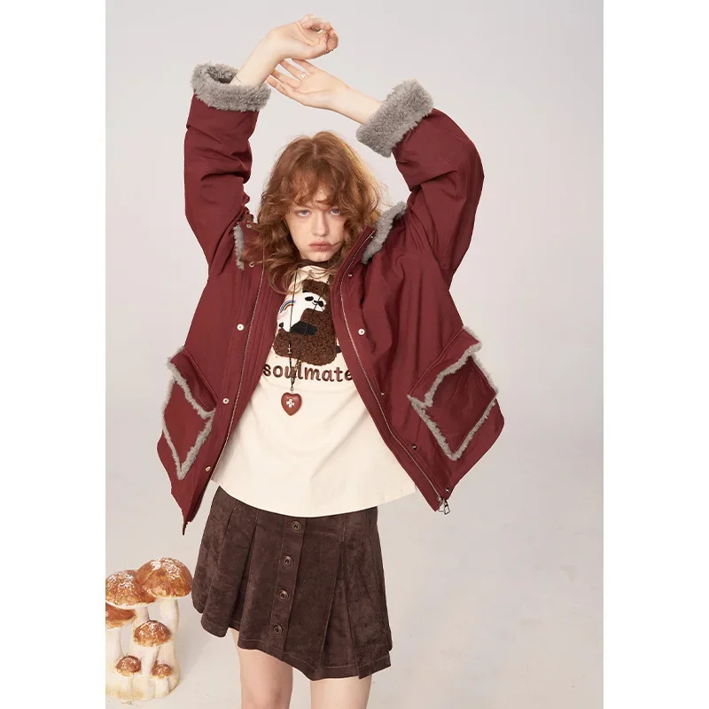 ELFSACK Casual Plush Panel Lapel Design Loose Fit Puffer Jacket For Woman