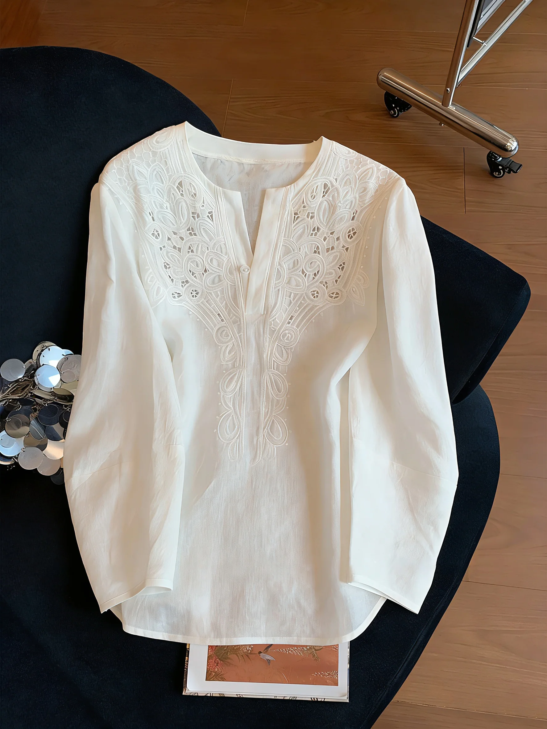 

Heavy Embroidery Long Sleeve Shirt Loose Casual Style Men's Fashionable Hollow out Design Spring Autumn Korean Version Top