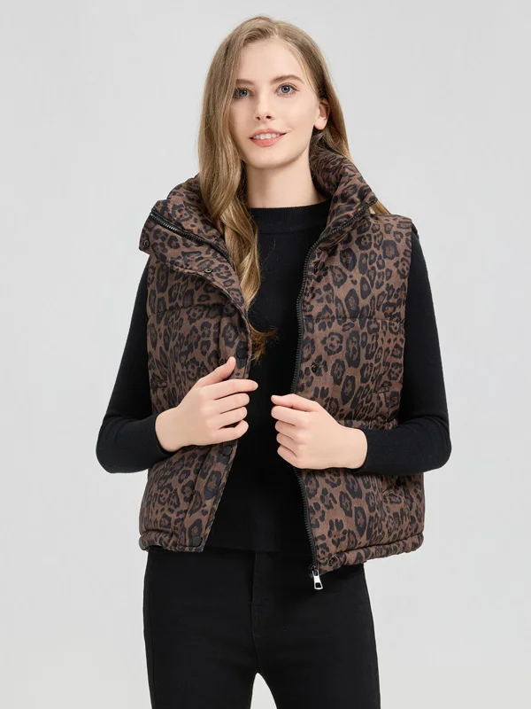 Herbst Winter Neue Sle frauen ort Svel Baumwolle Jaet Stehkragen unten Baumwolle Weste Leopard Print Biker Weste Wärme