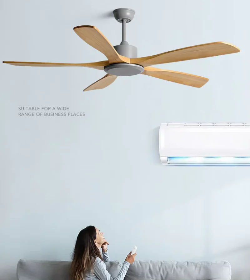 Nordic Home Wooden Ceiling Fan Reversible DC Motor 5 Solid Wood Blades Fan with Remote Control Reversible DC Motor