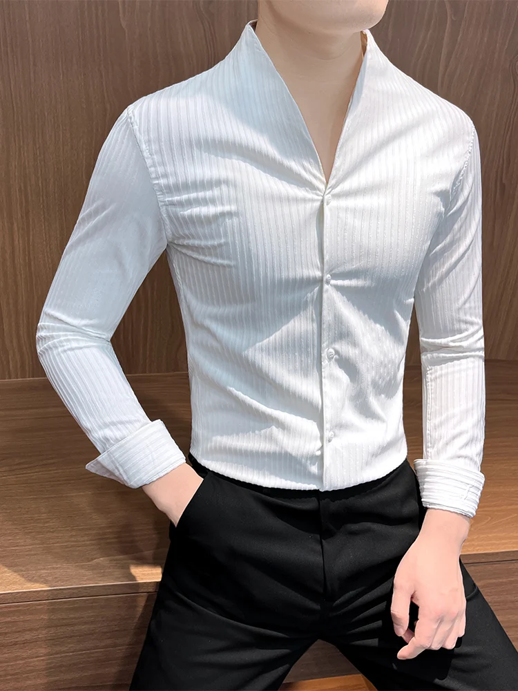 2025 moda sem gola manga longa camisa casual masculina de alta qualidade fino ajuste versátil listrado camisa de negócios roupas masculinas