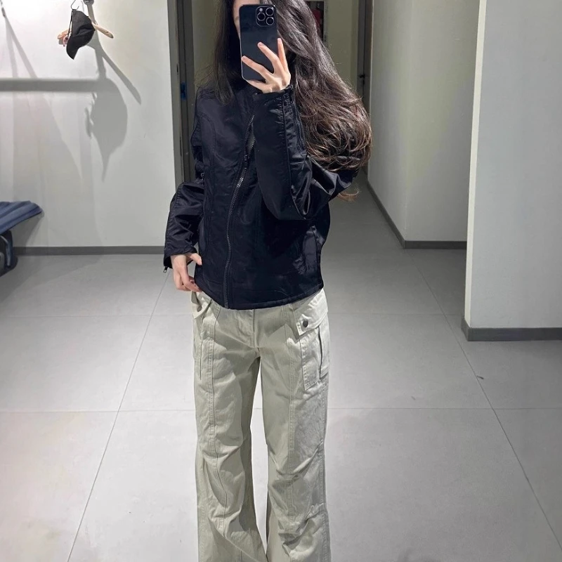 Vintage Casual Short Zipper Jacket Women's Spring Stand-Up Collar Black Flight Jacket Top