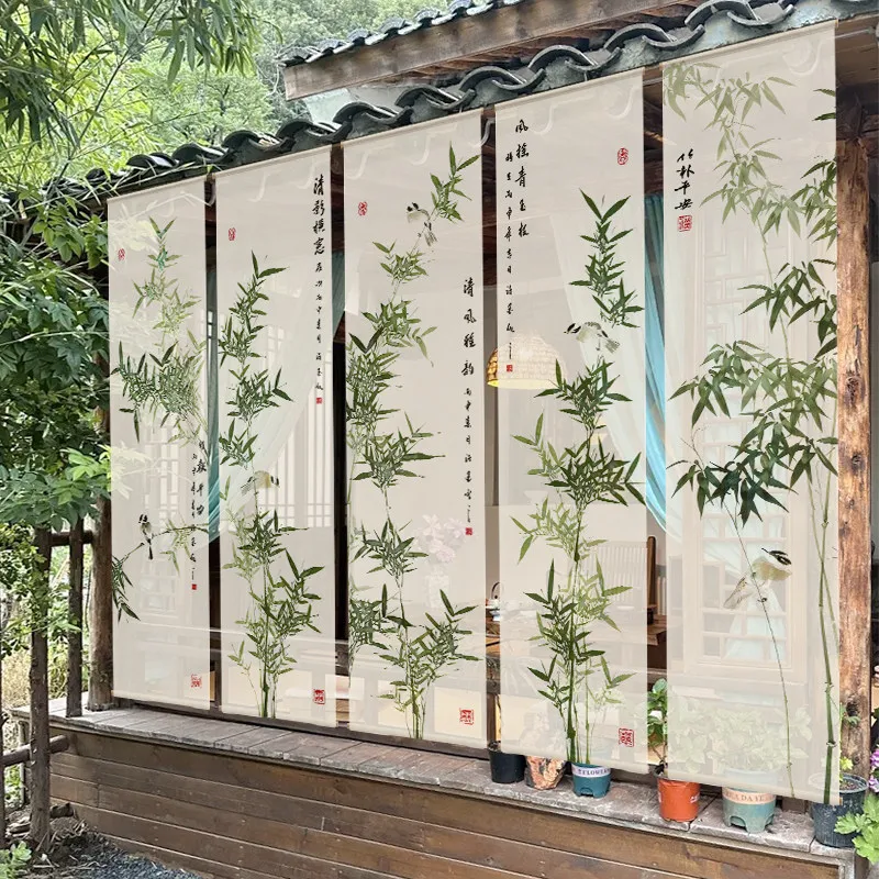 1pcs Chinese Ink Bamboo Sheer Gauze Hanging Curtain Entrance Partition Curtain for Tea Room Study Homestay Living Room Decor