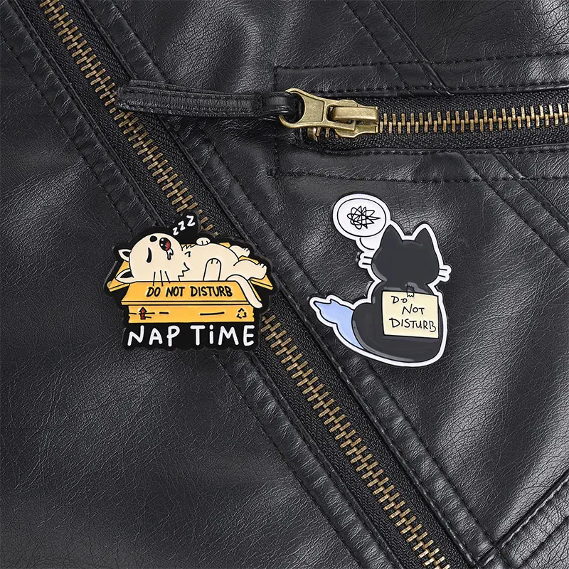 Do Not Disturb Nap Time and Alone Time Cat Enamel Pin Sleeping Box Cat and Tangled Thought Black Kitty for Cat Lovers Brooch