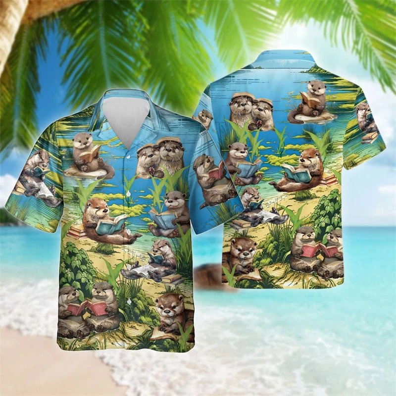 

Book Lover Shirts For Men Clothes Funny Design Y2k Blouses Casual Hawaiian Boy Short Sleeve Animal Otter Read Lapel Blouse Tops