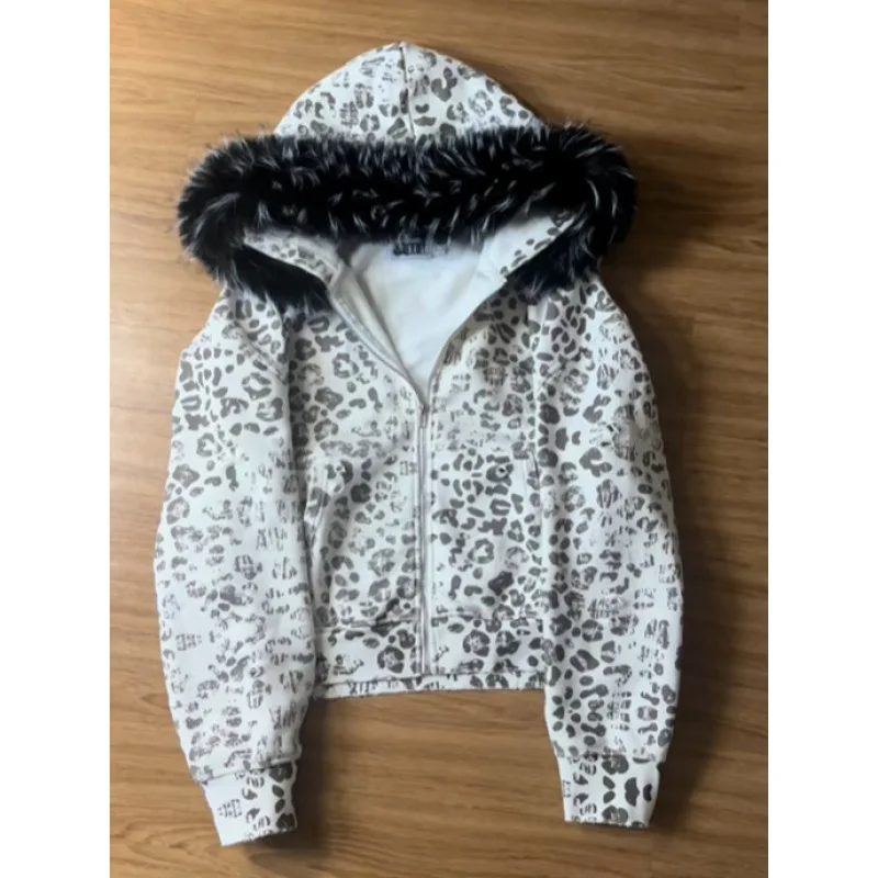 Y2K 여성용 그레이 후디, 레오파드 무늬 가짜 모피 트림 엣지 재킷, 스트리트웨어 캐주얼 레트로 따뜻한 겉옷
