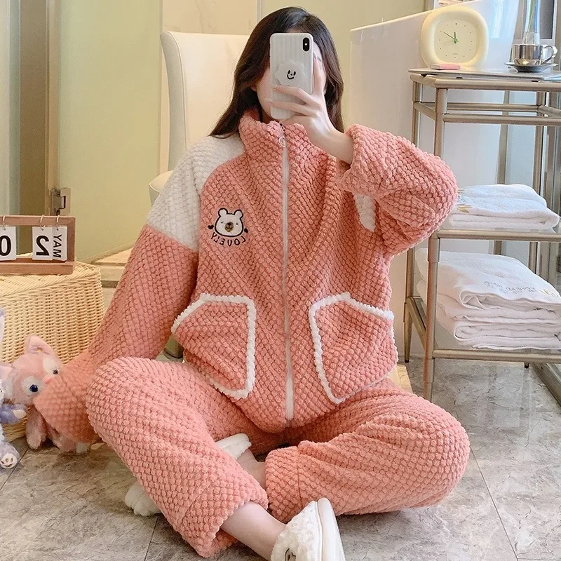 5XL Plus Size Coral Fleece Pajamas Women Winter Thickened Warm Sleepwear Zip-up Coat Trousers Outfits Korean Cozy Home Clothes