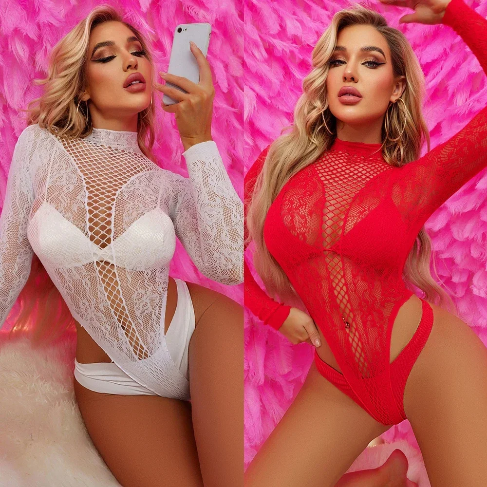 

Sexy Girl Bodysuits NightWear See Through Crystal Fishnet Dress One Piece Hot Women Bodystocking Nylon Lingerie Body Suit