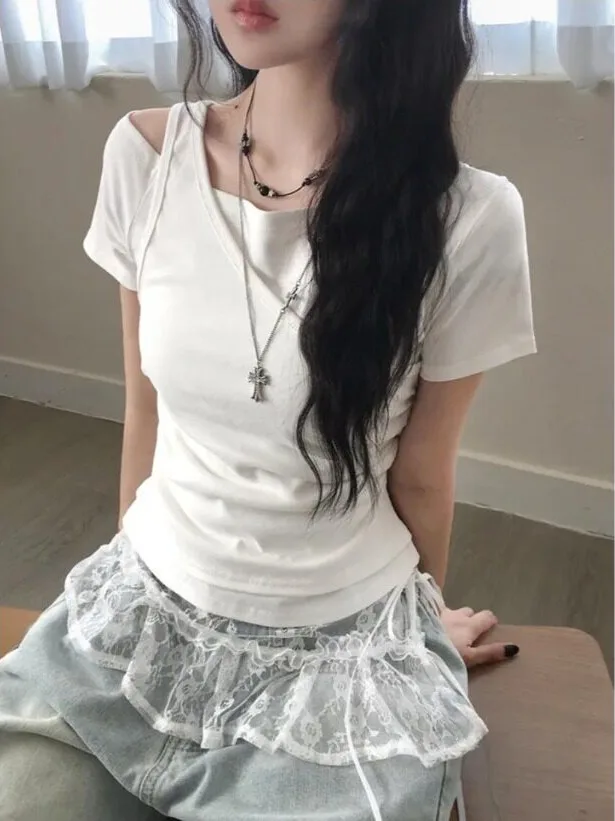 Summer Korean Style Student Short Sleeve T-Shirt Women's Irregular Shoulder Bared Slimming Waist Design Casual Streetwear