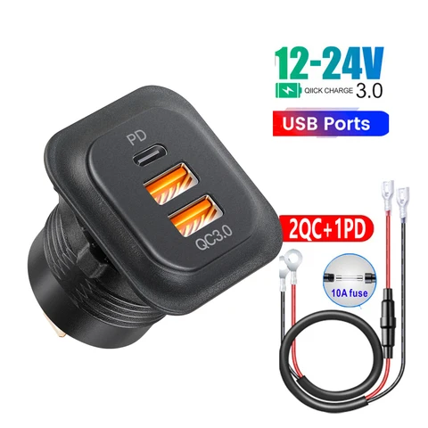 Автомобильное зарядное устройство с двумя портами USB-C (PD3.0 и QC3.0) и LED-индикатором быстрой зарядки, 12В/24В, для мотоциклов