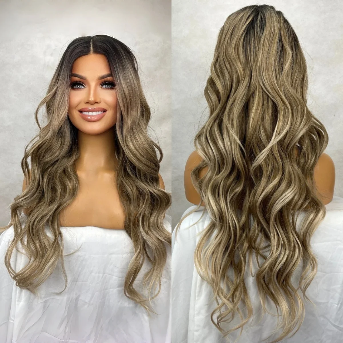 

Синтетические парики Omber Caramel Blonde Baylayage Кружевной парик Предварительно выщипанные парики из натуральных волос для женщин Термостойкое волокно