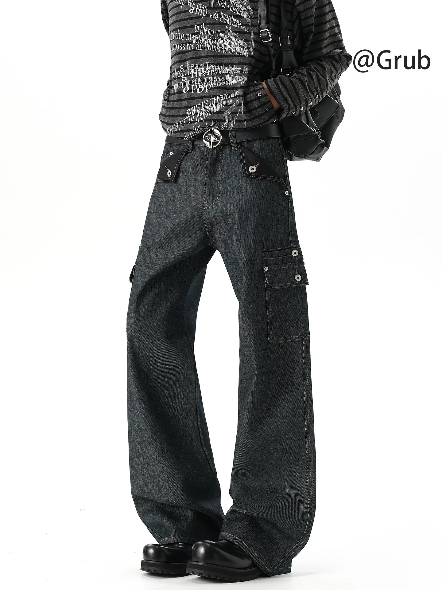 American Style A-Line Denim Jeans Men's Autumn High Street Deconstructed Patchwork Workwear Trendy Hard Straight Leg Trousers