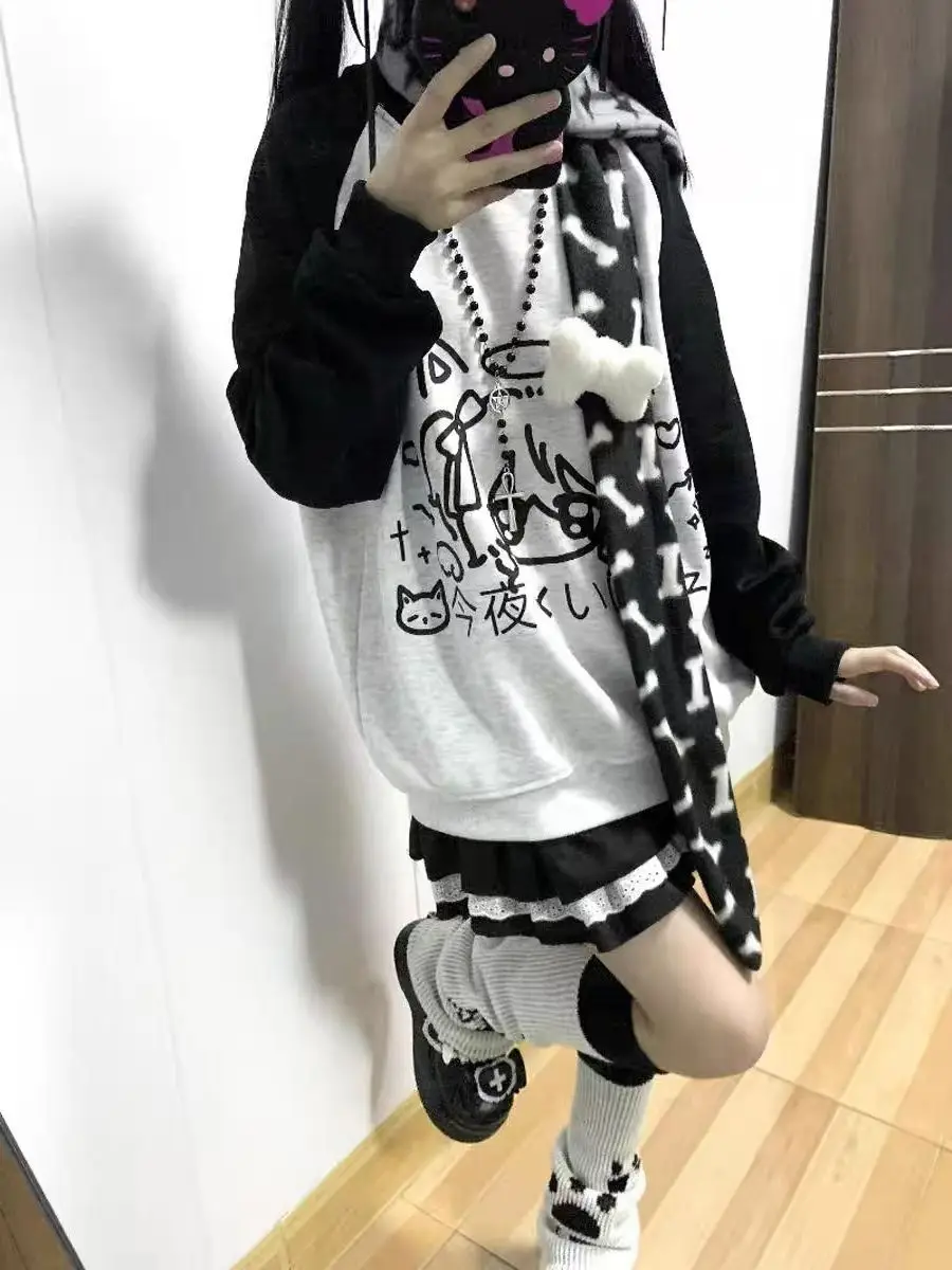 American High Street Vintage Sweet Anime Hoodies O Neck Japanese Kawaii Long Sleeve Tshirts Harajuku Y2k Sweatshirts Women