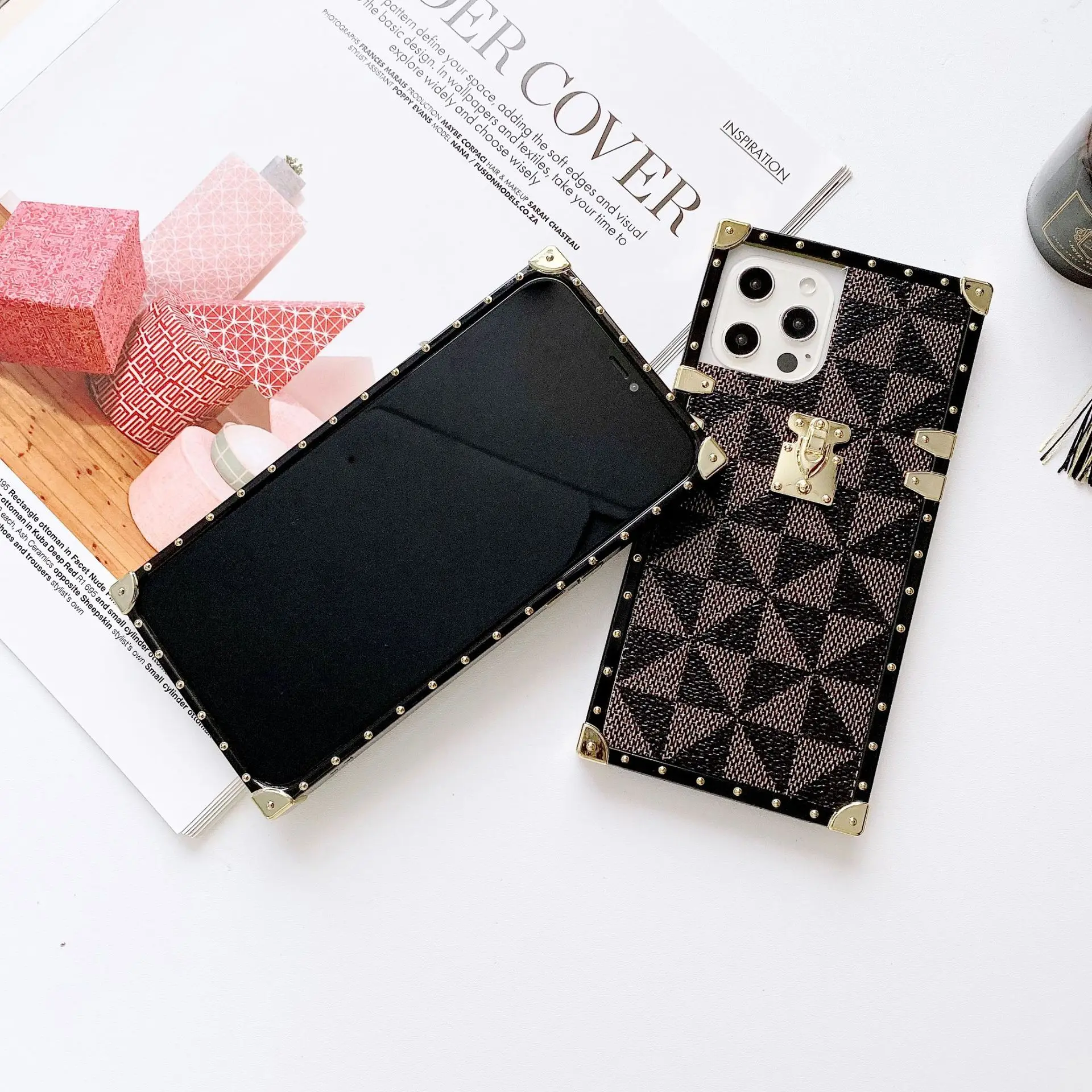 New Luxury Fashion Ring Square Leather phone Case For Iphone 11 12 13 14 15 Pro Max 14 15 Plus Case Holder Shockproof Cover