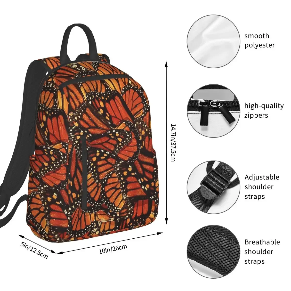 Orange Monarch Butterfly Backpack Student BookBag Kids School Bag Computer Shoulder Bags Men Women