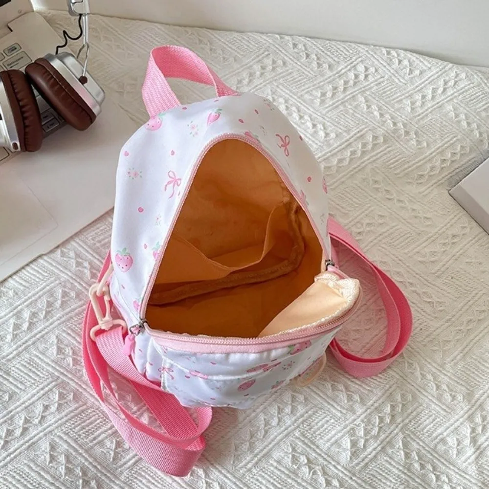 Cute Lightweight Mini Backpack Strawberry Nylon Bowknot Printed Bag Small Polyester Daypack Travel