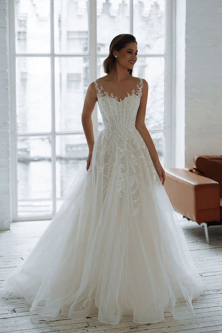 Flavinke, falda de tul sin mangas personalizada, cuello redondo, vestido de novia de encaje, ilusión, exquisitos vestidos de novia para mujer, vestidos de novia