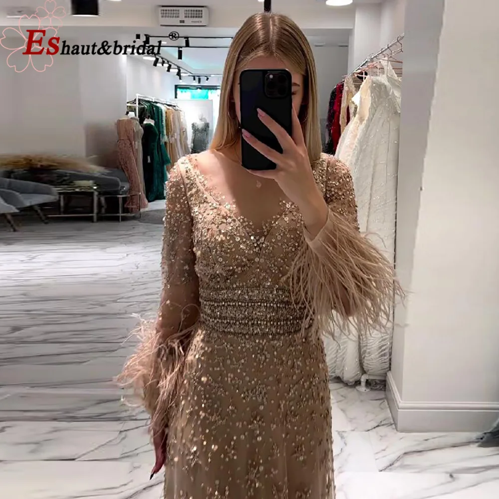 Elegant Dubai Feather Evening Dress for Women 2024 O Neck Aline Long Sleeves Beads Formal Prom Wedding Party Gowns Customized