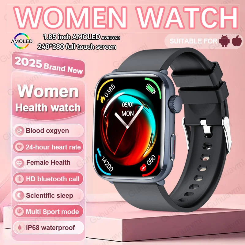 GUHUAVMI 2025 neue NFC-Smartwatches für Damen, 1,85 Zoll AMOLED-HD-Bildschirm, IP68, wasserdicht, Herzfrequenz-Tracker, BT-Anruf-Smartwatch 8