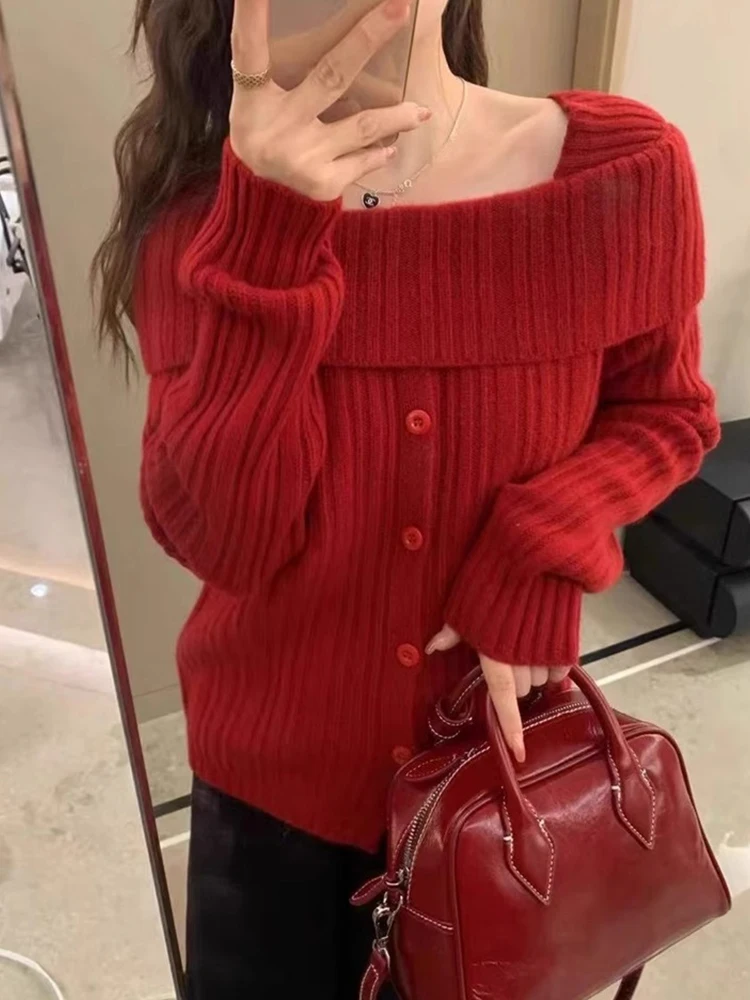

Sli Retro Red Knitted Sweater Comfortable Base Layer Open Cardigan Versatile Top Faionable Korean Sle Long Sve Loo...