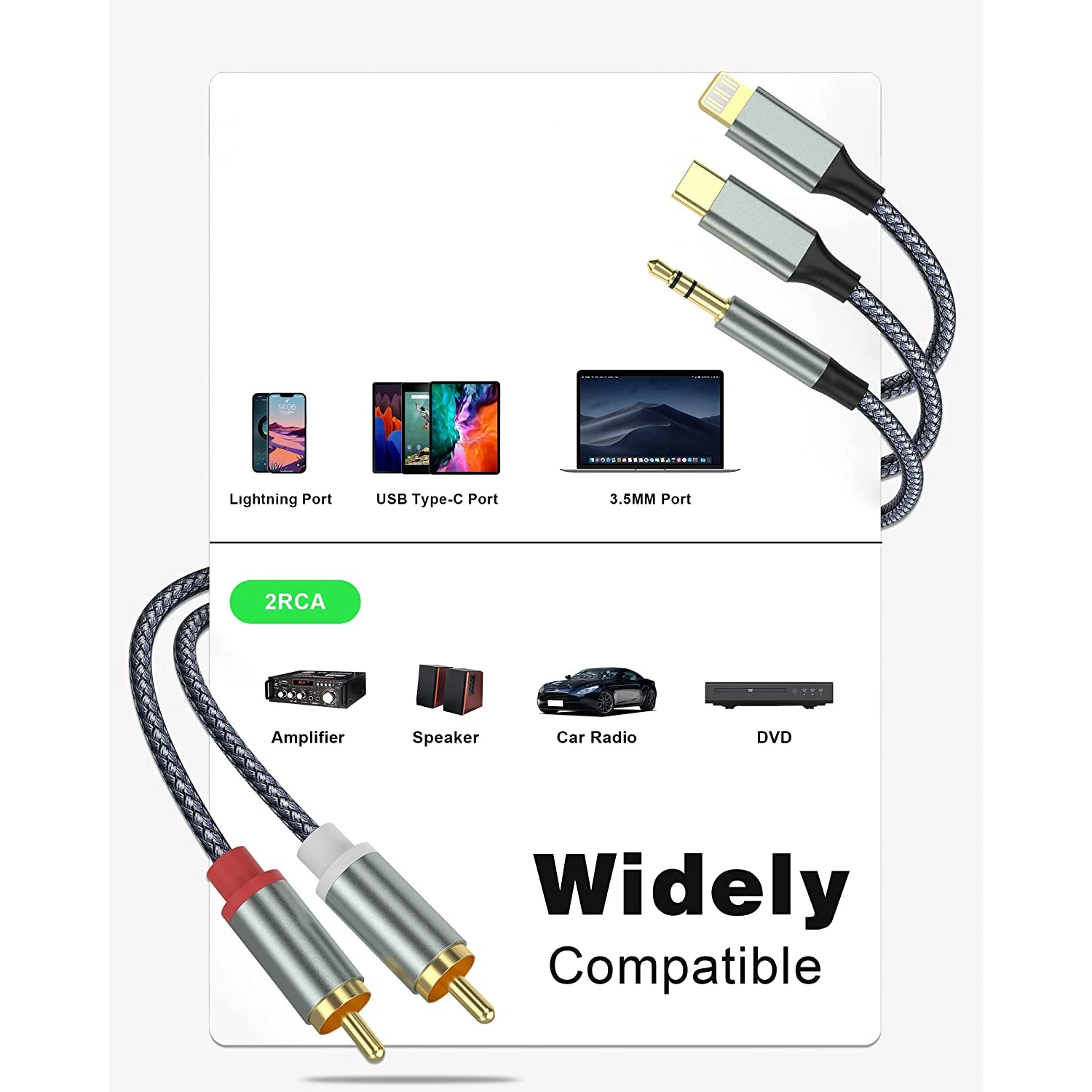 3in1 Audio Cable USB Type-C/Lightings 8Pin/3.5mm Male To 2 Dual RCA Y Splitter Audio Cable for PC Phone To Amplifier Speaker