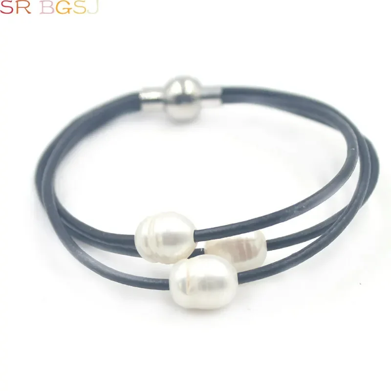 SR 10-12mm Genuine Natural Freshwater Pearl 3-Strand Style Leather Cord Pearl Women Jewelry Bracelet  7.5-8\